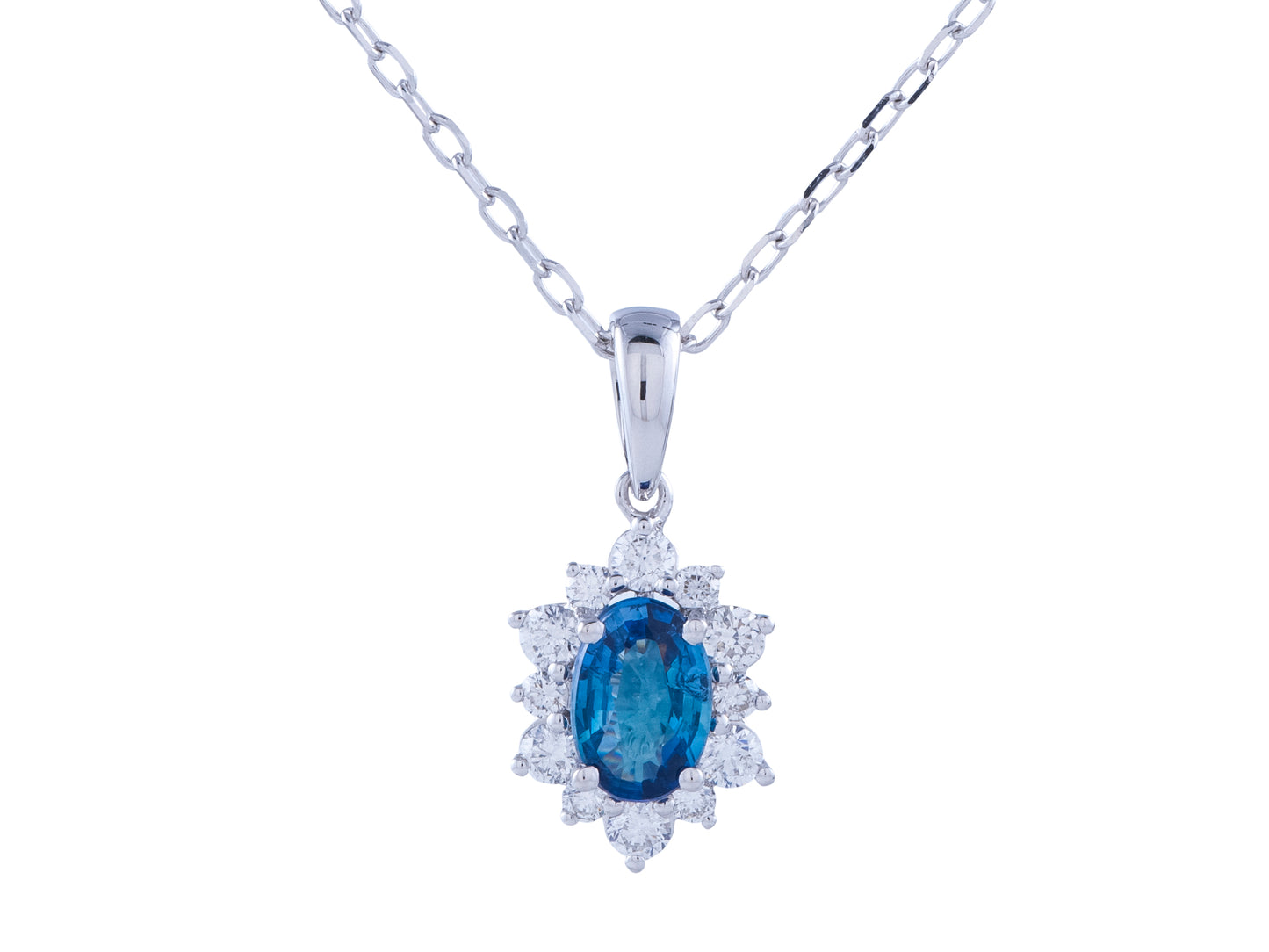 Sapphire and Diamond Pendant in White Gold Chain Necklace