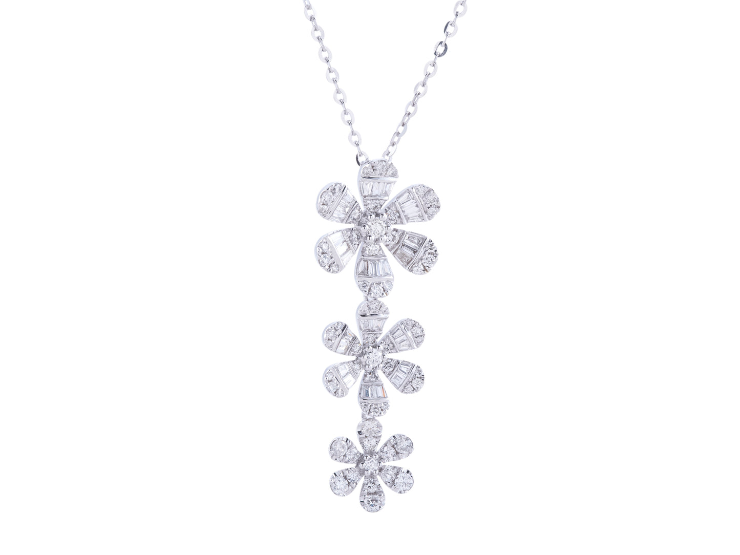 Three Diamond Flower Pendant in White Gold Necklace